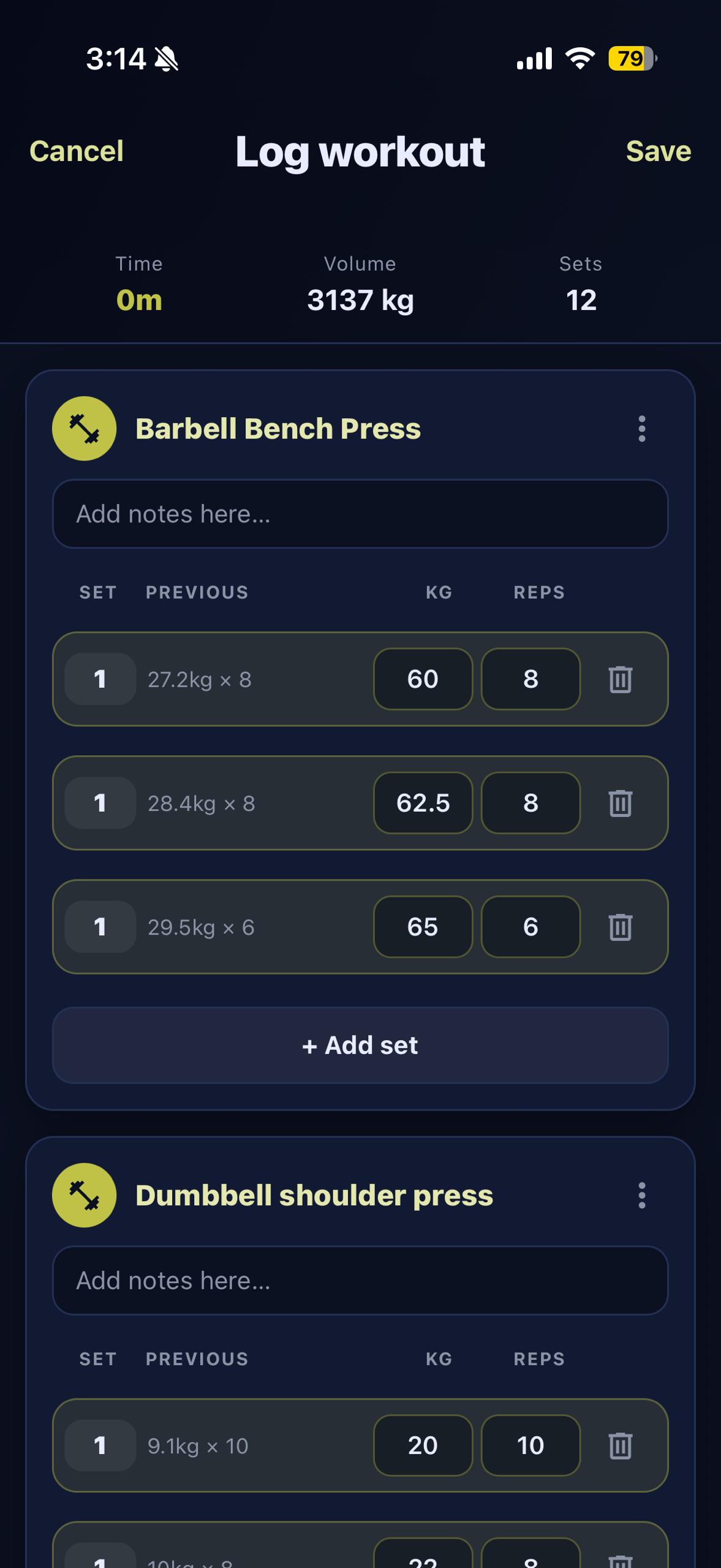 Logging a workout with exercises, sets, weight and reps
