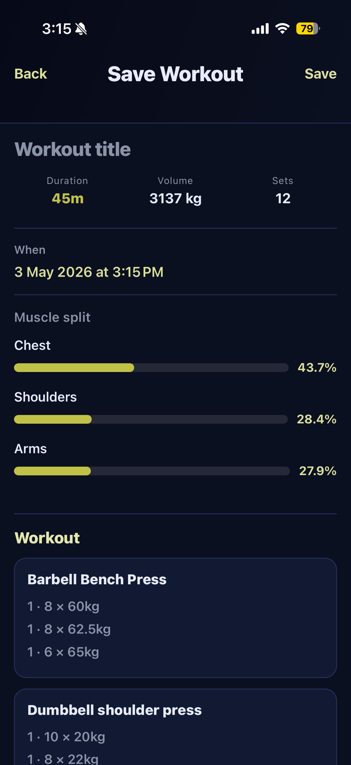 Workout review screen showing title, duration, muscle split, and set list