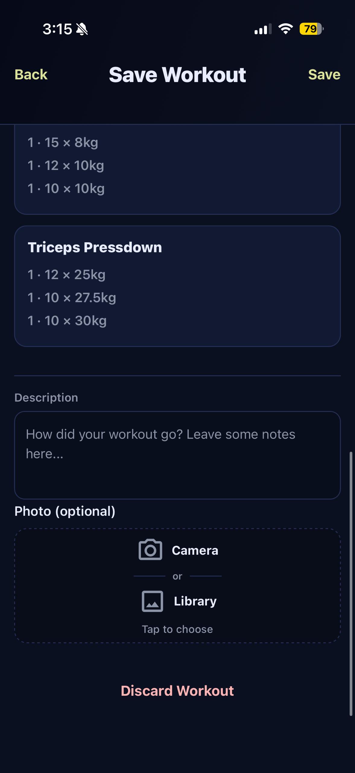 Workout review screen showing description and optional photo