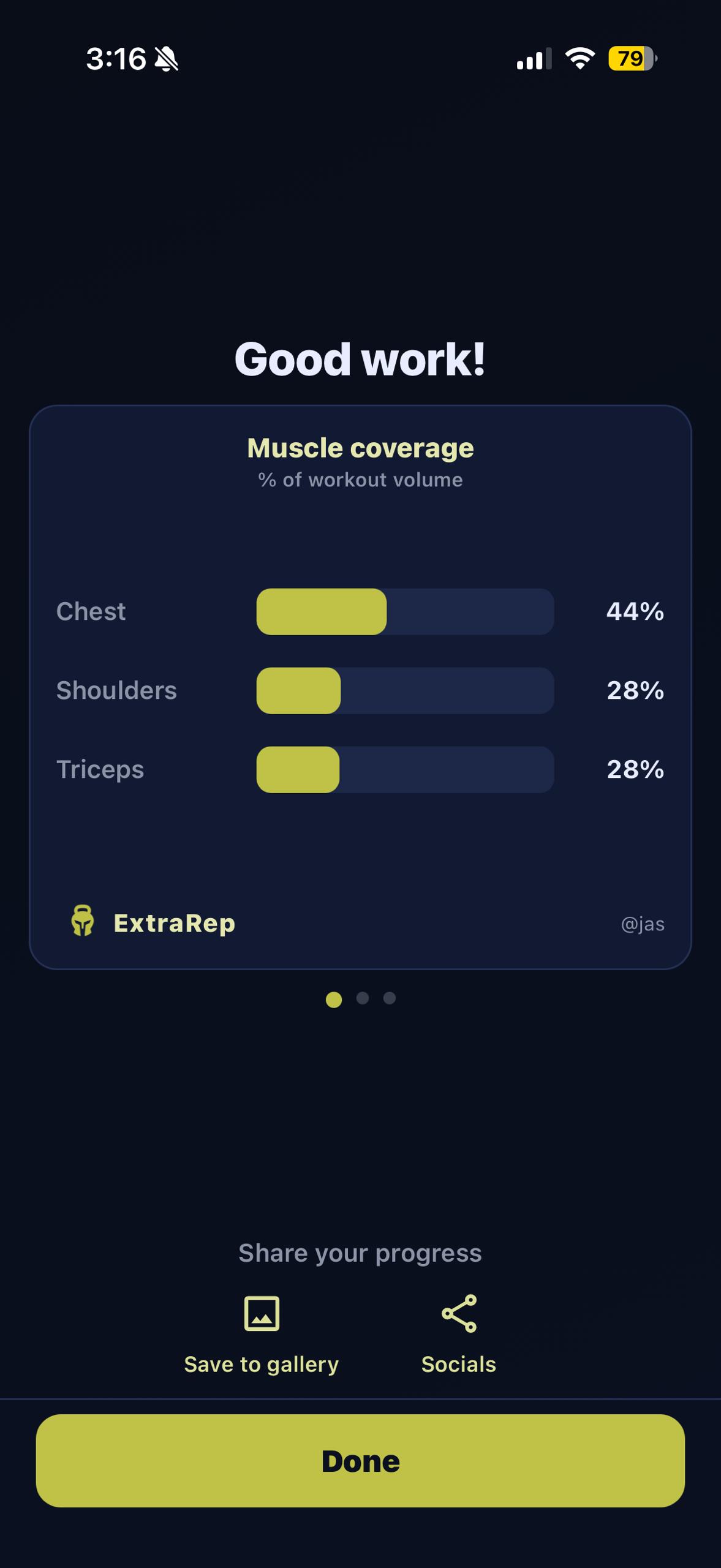 Workout success carousel with options to save to gallery or share to socials