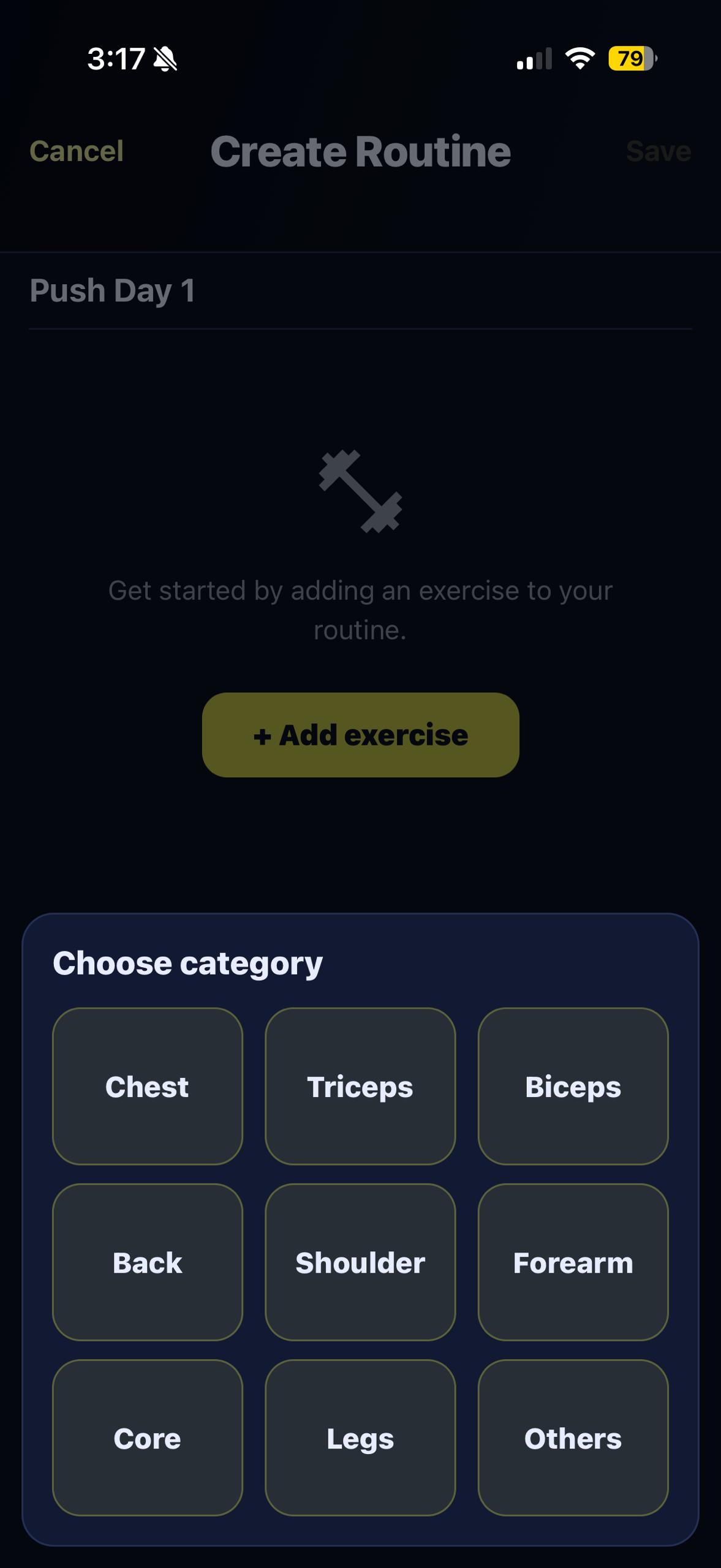 Creating a routine with title and exercises