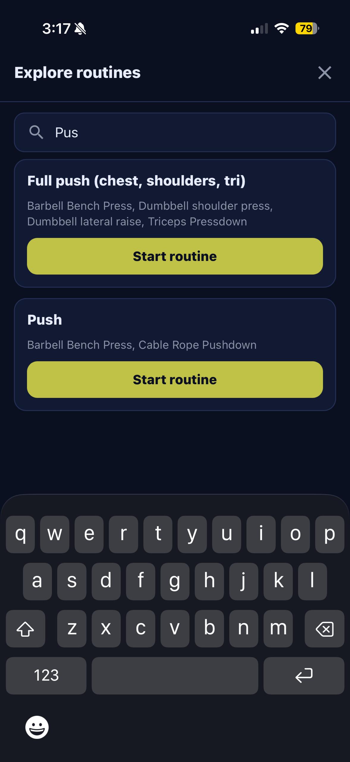 My routines list with Start routine option