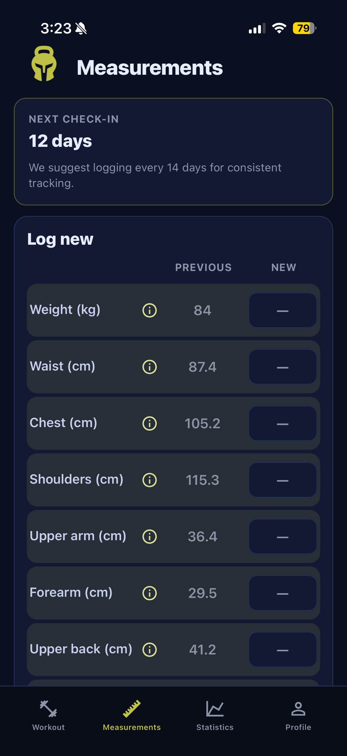 Measurements tab with previous and new check-in side by side
