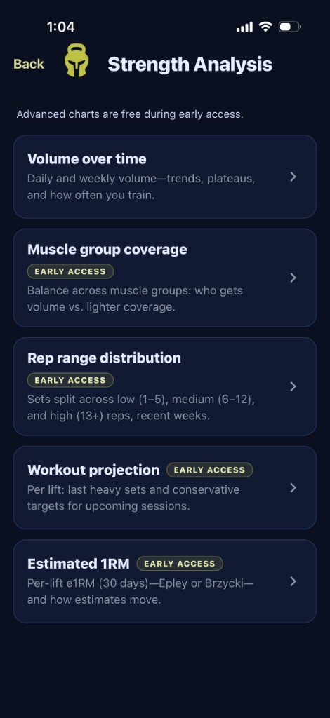 Strength Analysis menu showing volume, muscle coverage, rep range, projection and 1RM