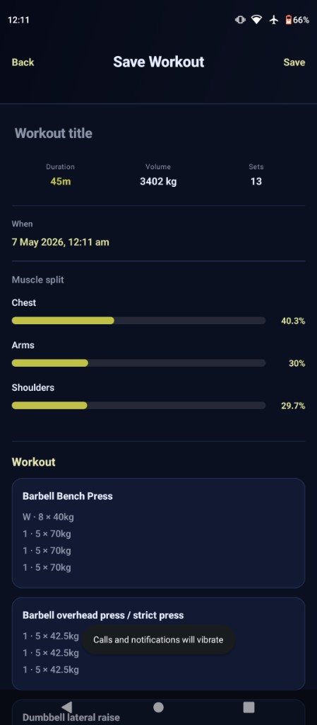 Saved workout summary with duration, total volume, set count and muscle-split breakdown