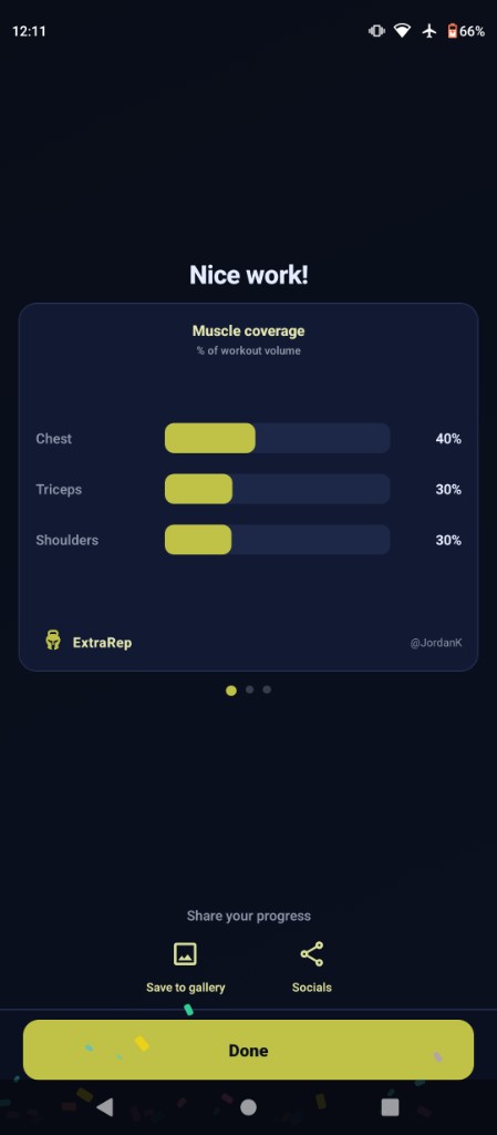 Shareable workout card showing muscle-coverage breakdown ready to post to social media
