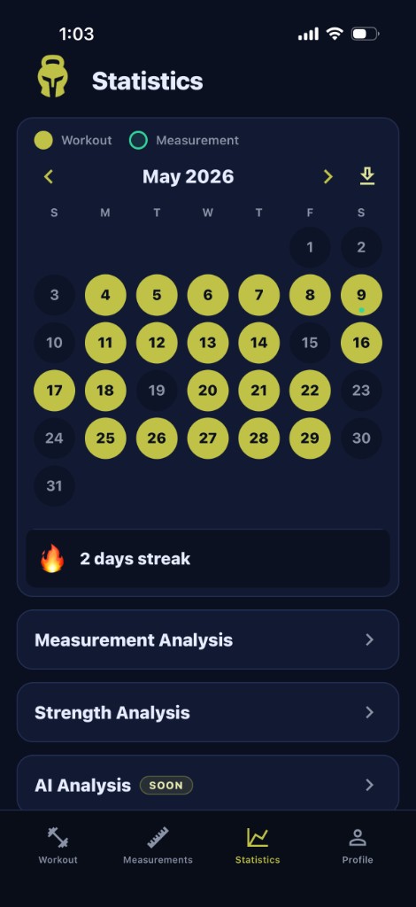 ExtraRep statistics calendar showing logged workout and measurement days, with a 1-day streak indicator