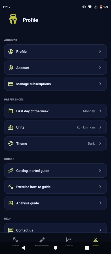 Profile tab with account, preferences, theme settings, and getting-started guides