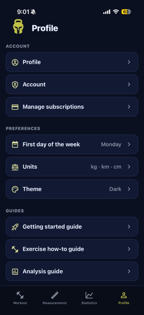 Profile screen in dark theme: same layout with Theme Dark