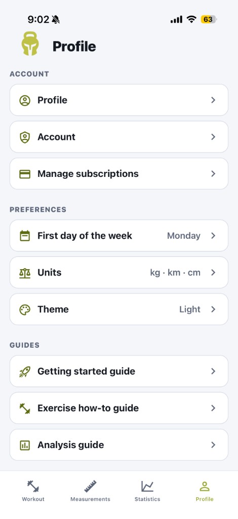 Profile screen in light theme: Account, Preferences with Theme Light, and Guides